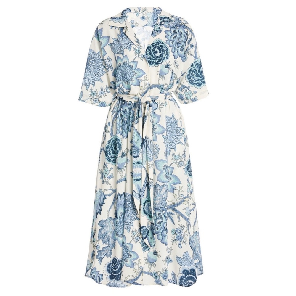 Cara Cara Hobbs Dress Jacobean Blue White Floral Button Front Midi New XS/Small